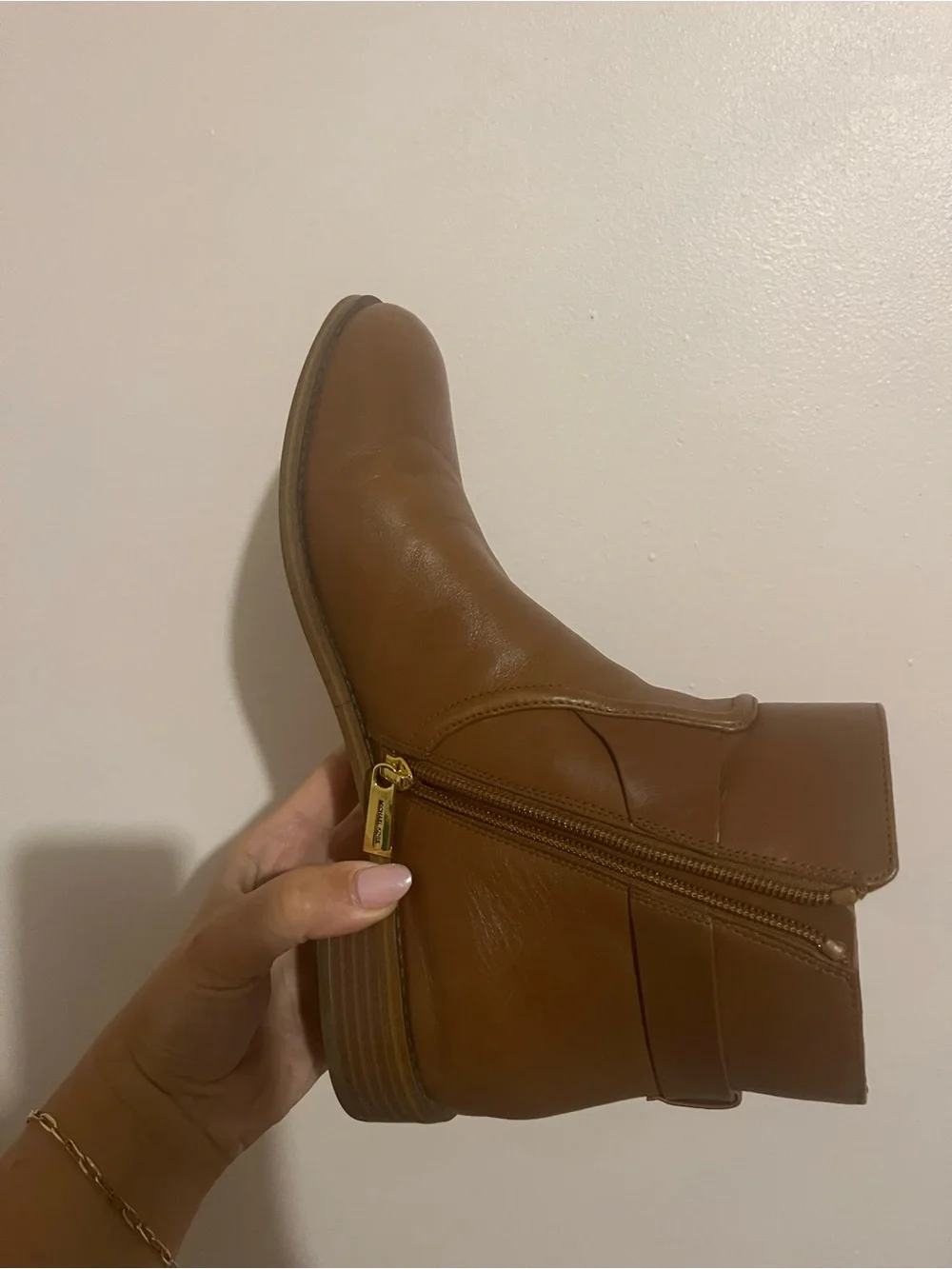 Michael Kors Cognac Leather Ankle Boot with Gold MK Accent